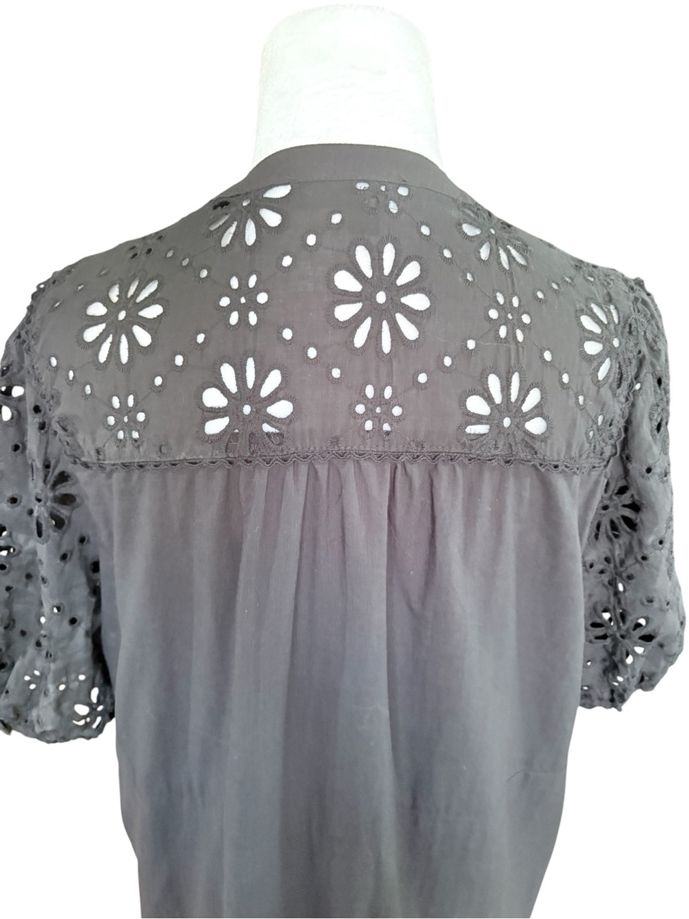 Ellen Tracy Black Eyelet Button-V Front Puffed Sleeve Boho Whimsigoth Dress Sz M - Picture 9 of 15
